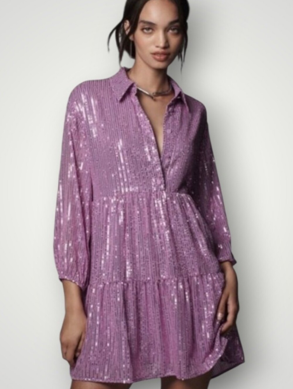 NWT MAEVE X ANTHRO Bettina Sequins Tiered Mini Shirtdress Orchid Pink Purple 1X